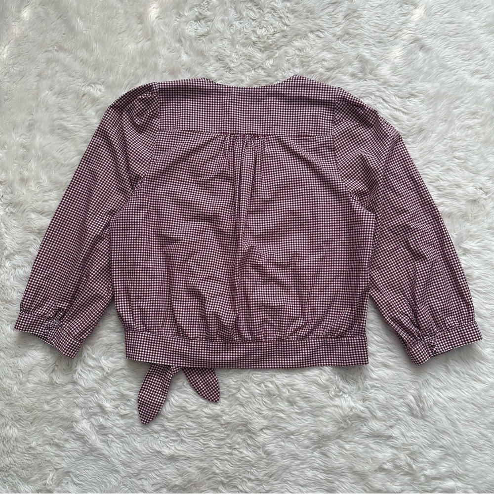 Madewell Blouse Wrap Top in Gingham Check Cropped Gingham Rusty Burgundy L - Picture 4 of 14
